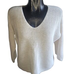 Part Two Etrona V Neck 100% Linen Knit Cream Sweater L